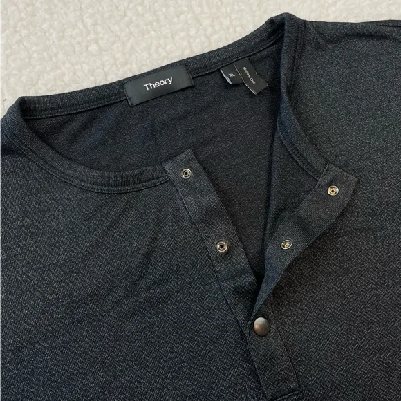 THEORY • Dark Grey Snap-Button Henley Long Sleeve Shirt